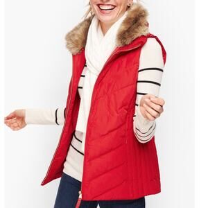 Talbots Faux Fur removable collar Down fill puffer vest retro red quilted warm